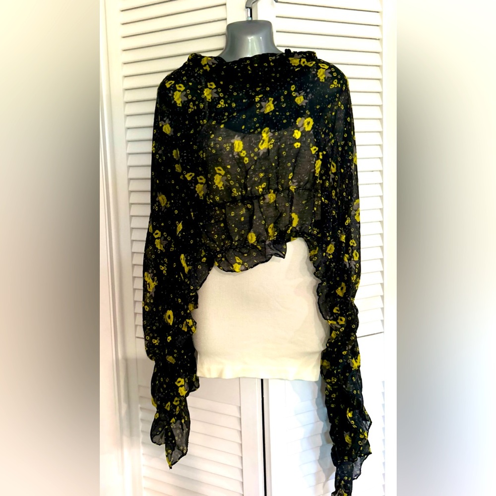 Nicole Marciano fashion scarf yellow and black floral pattern with flounce